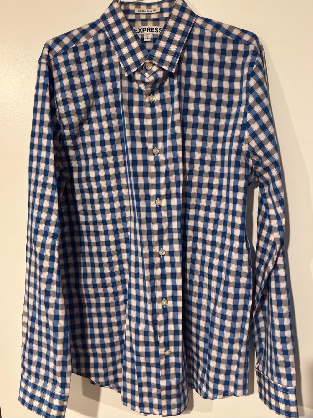 Express Men’s Navy and White Gingham Button-Up Shirt